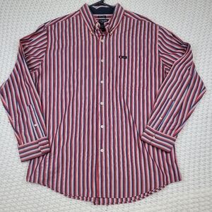 Chaps Easy Care Long Sleeve Button-Front Casual Shirt Size Large Red Striped